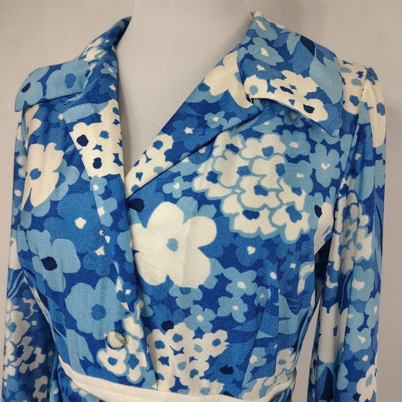 Vintage 70s Womens Blue and White Floral Mini Dress Mod - Picture 5 of 11